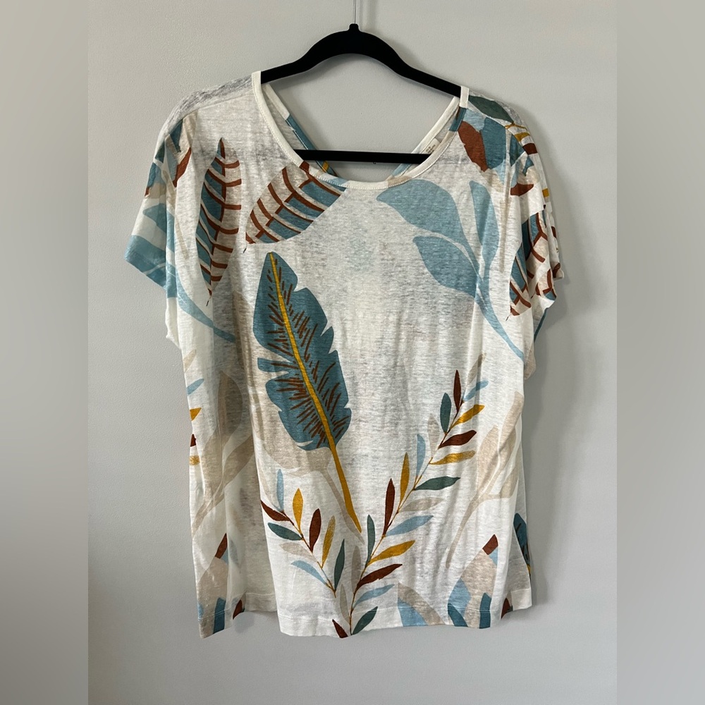 Cynthia Rowley Cream Tee with Teal and Brown Leaf Print